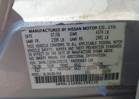 2006 Nissan Altima 3.5 Sl z USA, uszkodzony, nr VIN 1N4BL11D66C249150